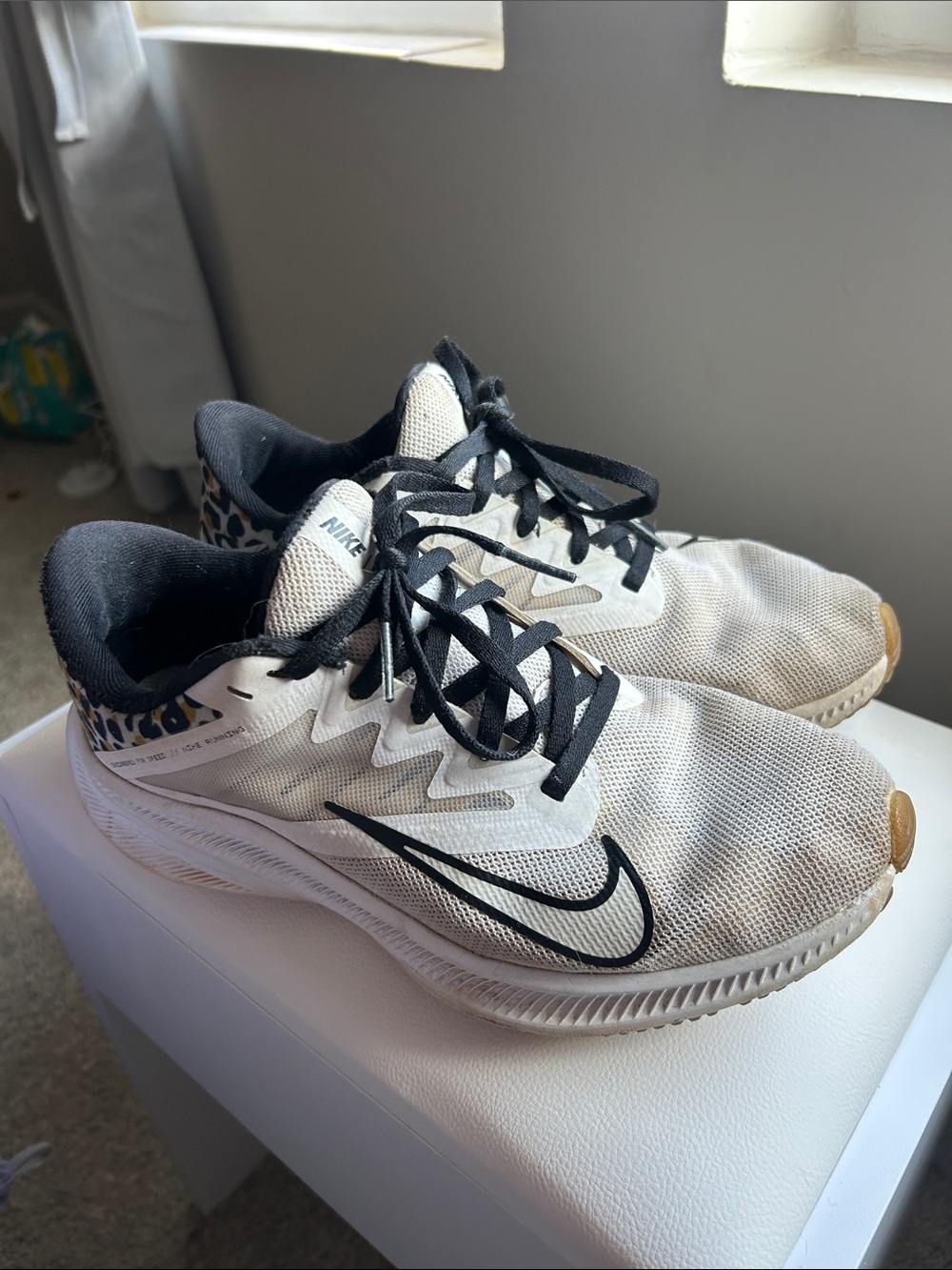 Nike Cream Sneakers with Black Swoosh and Leopard Heel